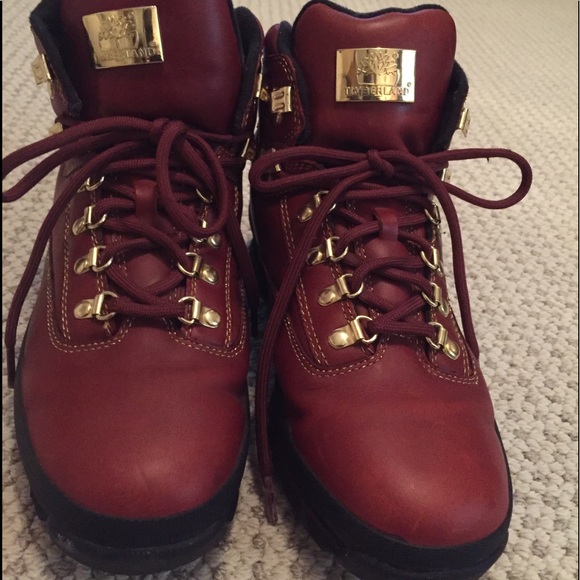 burgundy and gold timberlands